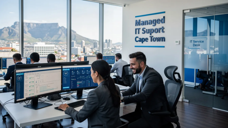 A professional IT support team from a managed service provider in Cape Town, engaged in cloud management and technical support for various businesses.