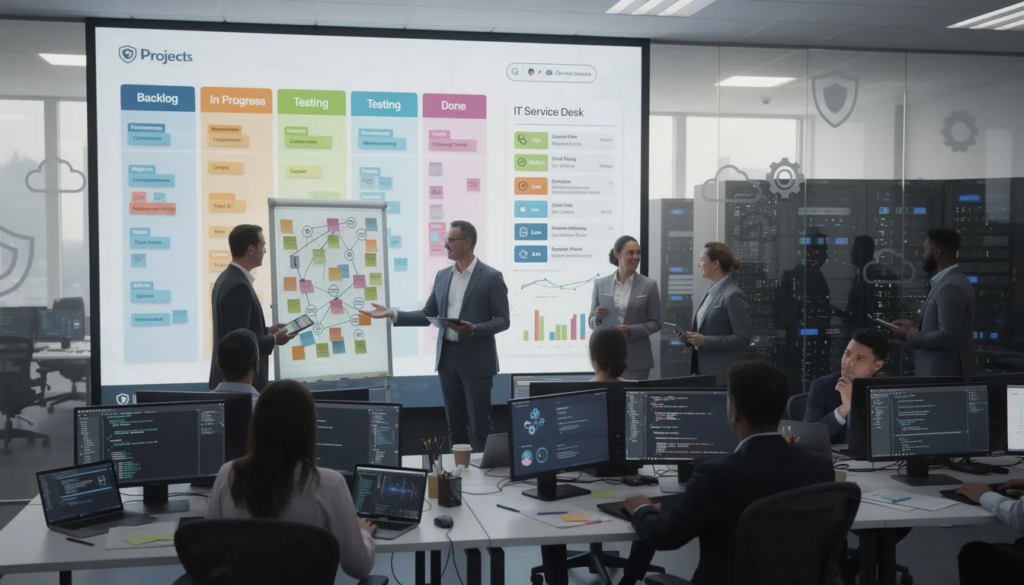 A diverse group of technology consultants engaged in project management