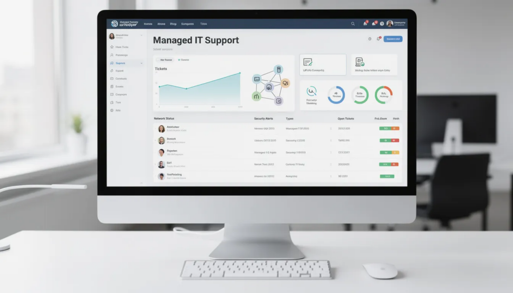 A computer screen displaying a dashboard for managed IT support services