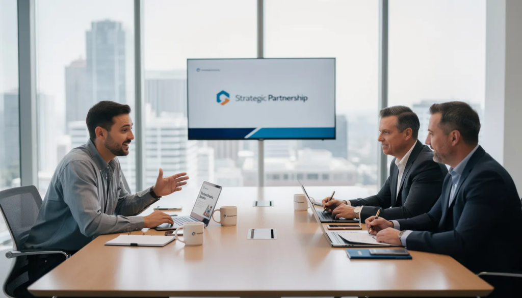 professional meeting between representatives of a software company in Cape Town discussing potential software requirement partnerships