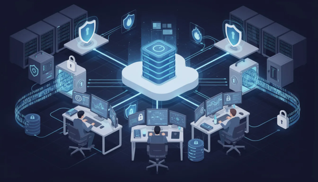 conceptual representation of cloud computing for IT security, showcasing various cloud service models