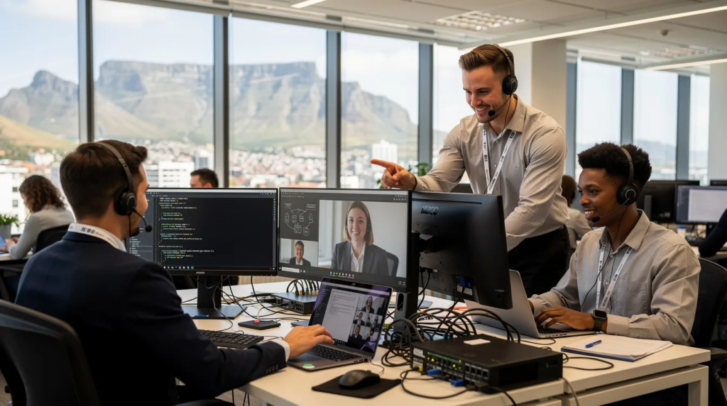 A group of real people in a technical support environment, actively providing remote assistance to office workers in Cape Town.