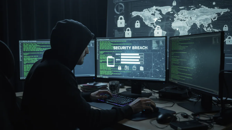 a dark environment where a hacker is engaged in stealing sensitive information online