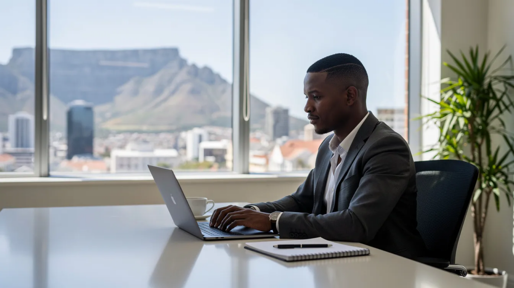 A professional in Cape Town is focused on working on a laptop in a bright office, surrounded by a clean, organized workspace that reflects effective office management and business communication practices.